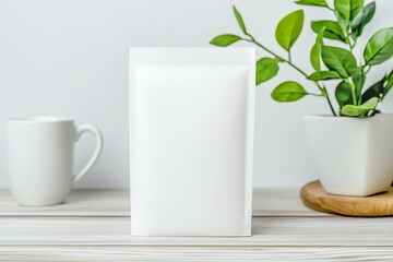 Wall Mural - A white box sits on a wooden table next to a potted plant and a coffee mug