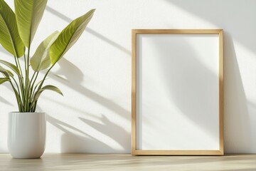 Sticker - A white framed picture sits on a wooden shelf next to a potted plant