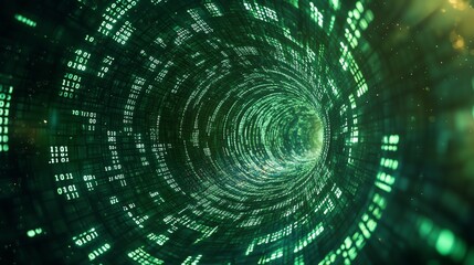 Futuristic digital tunnel with green binary data flowing in a circular motion.