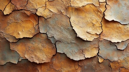Aufkleber - On a textured wall, patches of peeling paint expose layers of earthy tones. The weathered surface shows cracks and depth, highlighting the rustic character of the structure.