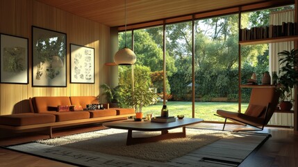 Poster - A living room with mid-century modern design, featuring bold colors, a low coffee table, and large windows providing a panoramic view of a green backyard.