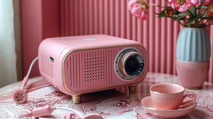 A pink projector beside a delicate cup and saucer on a floral table.