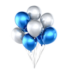 a bunch of silver and blue balloons on ribbons. festive balls on a transparent background. design element. festive atmosphere