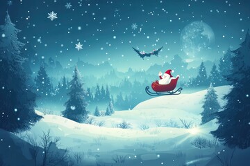 Merry christmas and happy new year greeting card with copy-space. Winter night landscape.Santa and his sleigh flying over snowy landscape, ai