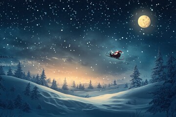 Merry christmas and happy new year greeting card with copy-space. Winter night landscape.Santa and his sleigh flying over snowy landscape, ai