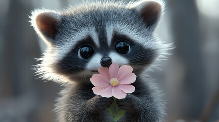 Adorable 3D Cute Baby Raccoon Holding a Pastel Pink Flower