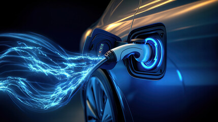 Close-up of an electric car charging, with blue electricity flowing from the cable into its port