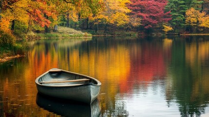 Canvas Print - A small paddleboat on a quiet lake, surrounded by trees in autumn colors, creating a peaceful and reflective scene.