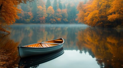 Canvas Print - A small paddleboat on a quiet lake, surrounded by trees in autumn colors, creating a peaceful and reflective scene.