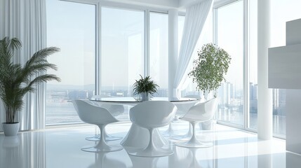 Poster - A stylish white dining area with modern white chairs, a round glass table, and large windows flooding the room with light, showcasing the sleek, clean design.