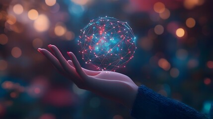 Metaverse Technology concepts. Woman hand holding global network connection. Internet communication, Wireless connection technology. Futuristic technology with polygonal shapes.