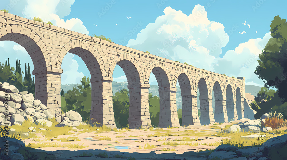 Stone arches of an ancient aqueduct. Roman Aqueduct. Illustration Stock ...