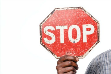 Hand holding a vintage stop sign with a distressed appearance against a plain white background