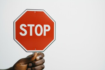 A person holding a red stop sign against a plain background in a clear and concise manner