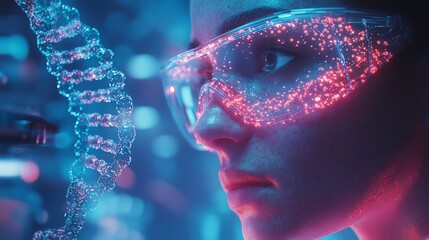 Scientist with safety glasses observing glowing DNA structure in laboratory.