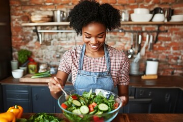 Woman preparing fresh vegetable salad in the kitchen