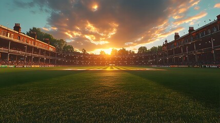 A futuristic photograph showcasing a cricket field with holographic game statistics player information and data visualizations hovering near the boundary line