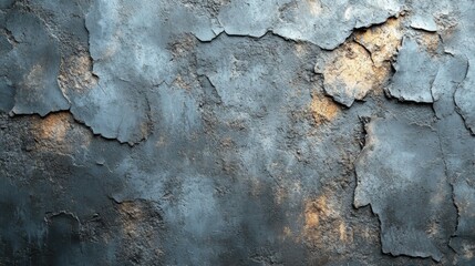 Fototapete - The surface features a distressed, textured grey wall with patches of peeling paint that reveal lighter tones underneath, showcasing its age and wear.