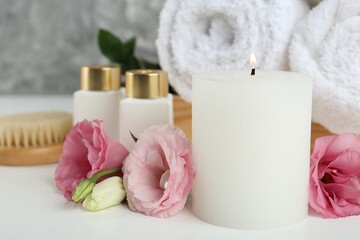 Wall Mural - Composition with different spa supplies on white table, closeup