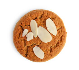 One tasty cookie with almond flakes isolated on white, top view