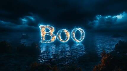 Wall Mural - eerie glow on the water a mystical representation of 'boo' in sparkling light amidst dark clouds and