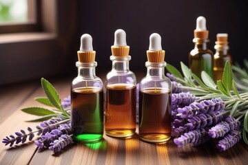 Peppermint oil bottles and lavender, horizontal composition	