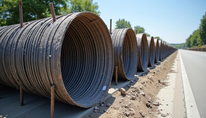  An industrial scene with a long line of metal pipes