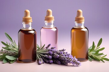 Peppermint oil bottles and lavender, horizontal composition