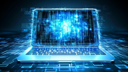 Laptop with glowing blue digital code on screen.