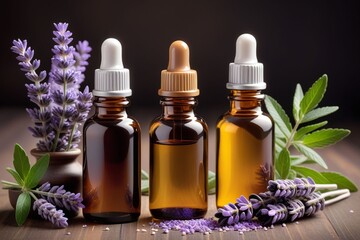 Peppermint oil bottles and lavender, horizontal composition