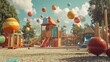 © Tonadech - A surreal playground scene with exaggerated and floating everyday objects