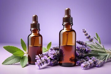 Peppermint oil bottles and lavender, horizontal composition