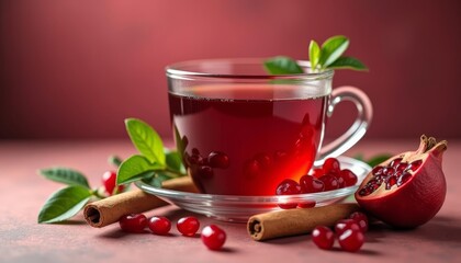 Poster -  Warm and cozy  A cup of red tea with pomegranate and cinnamon