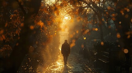 Canvas Print - Silhouette of a Person Walking Through a Golden Forest Path