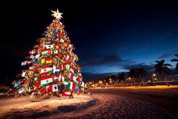 a christmas tree decorated with flags from around the world, symbolizing global unity and holiday sp