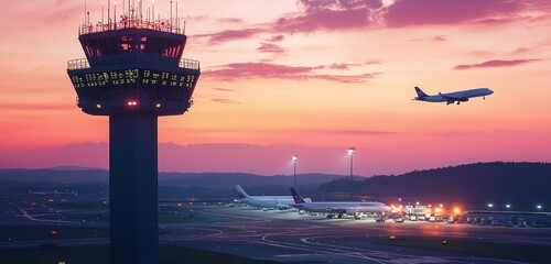 Wall Mural - Air traffic control tower overseeing multiple jet departures at a bustling international airport.