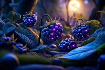 Wall Mural - A fantasy garden filled with glowing Blackberries (Rubus Fruticosus), their deep purple fruits shimmering under the soft light of a full moon