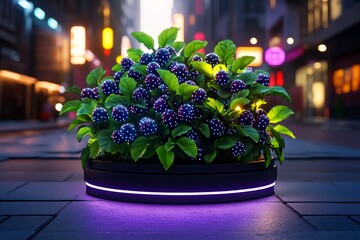 A futuristic neon-lit Snowberry bush, with glowing berries in a cyberpunk urban setting