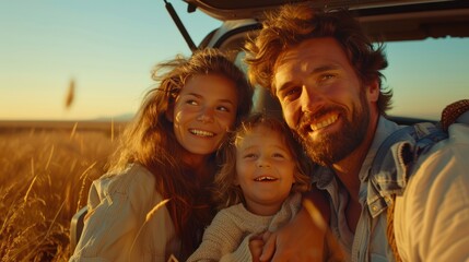 Autumn Road Trip: Happy Family of Four Enjoying Countryside Travel in Modern Automobile with Open Trunk