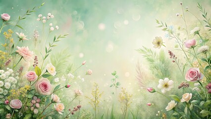 Wall Mural - A Delicate Arrangement of Pastel Roses and Delicate Wildflowers Amidst a Soft Green and Golden Haze