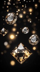 Beautiful shiny diamonds floating against a dark background with soft glowing lights creating an elegant atmosphere full of luxury and glamour showcasing brilliant cut stones in golden tones