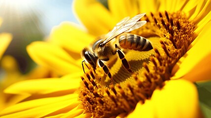 Bee Pollinating a Bright Sunflower Bloom