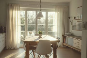 Scandinavian-inspired dining area with a wooden table, white chairs, and minimalist pendant lighting, set against neutral walls and large windows. interior design concept 