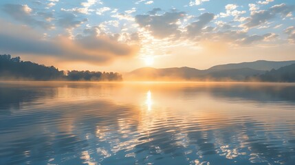 Serene Sunrise Over Calm Lake Waters