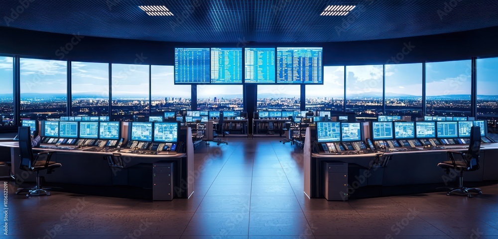 Operators in an airport control center monitor air traffic on computer ...