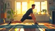 © Topuria Design - A young man performs a stretching exercise at home in the morning light, enhancing his fitness routine. Illustration of a young man training during morning workout at home with sunlight streaming in