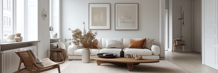 Poster - a living room with a white couch and a coffee table in it