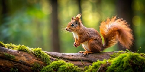 a red squirrel, its fur shimmering in the dappled sunlight, perches on a moss-covered branch, its bu