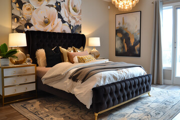 Luxurious bedroom interior design featuring a velvet tufted bed, gold-accented nightstands, and warm lighting, creating an elegant, cozy space with a modern touch.