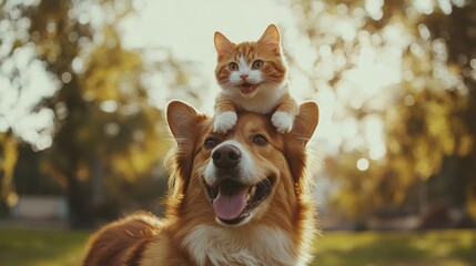 A playful cat balancing on a dog back, both animals looking cheerful, with a blurred park background.